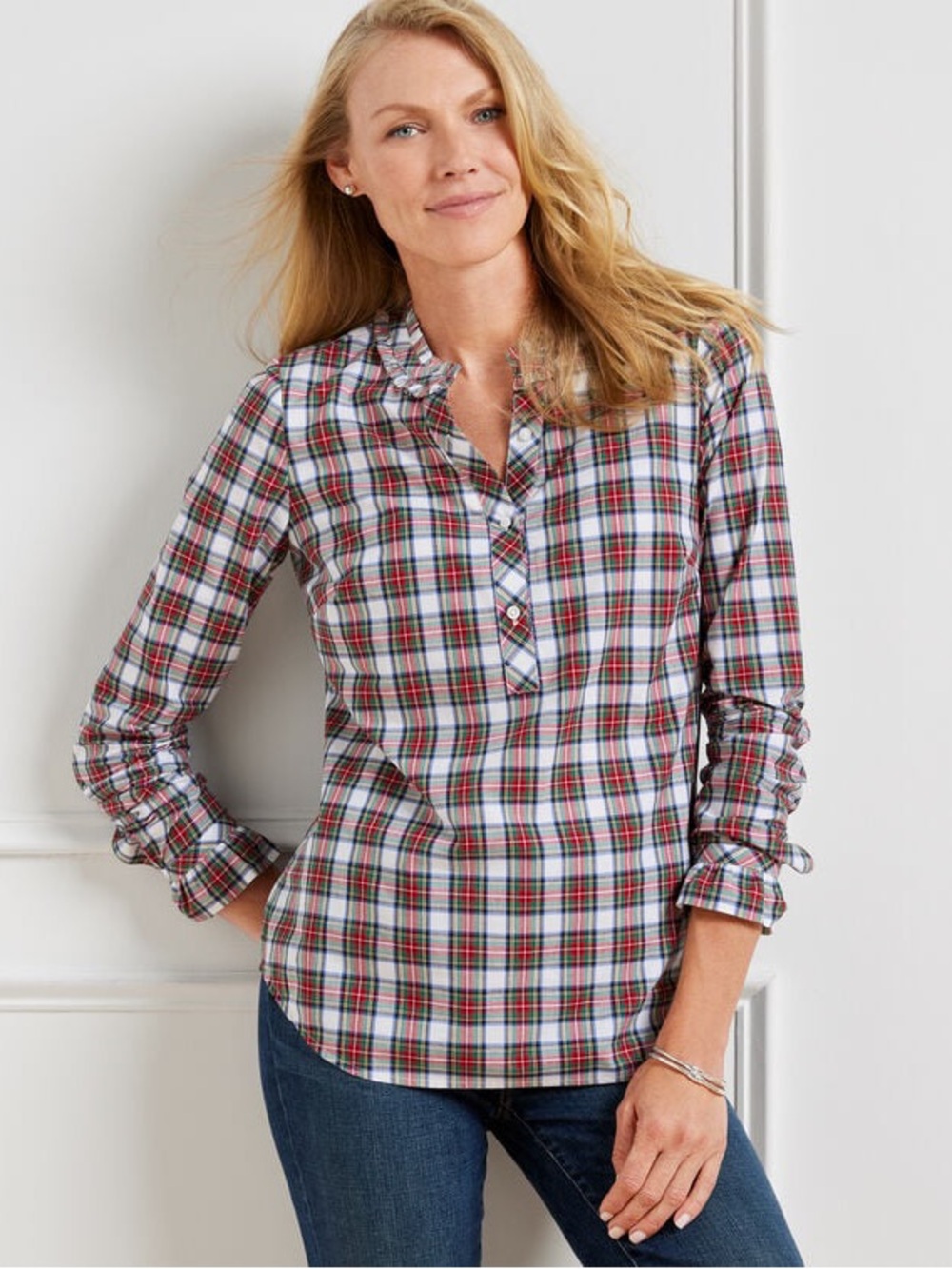 Talbots Red Popover Celebrate Plaid Long Sleeve Ruffle Trim Blouse Size 3X